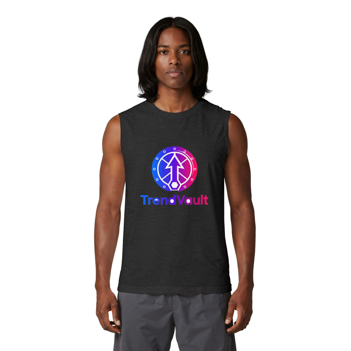 TrendVault Logo Muscle Tank – Dark Grey Heather