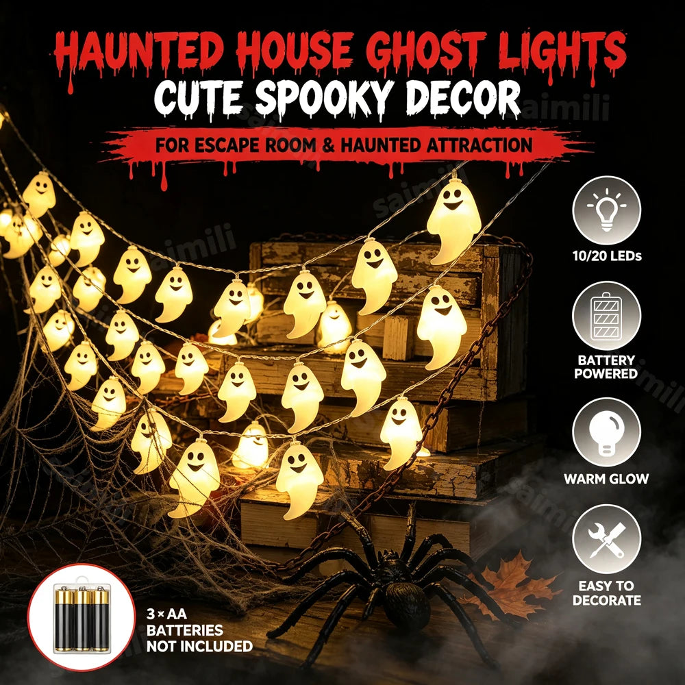 Halloween Smiling Ghost String Lights – Battery-Powered LED Fairy Lights (10 or 20 LED)