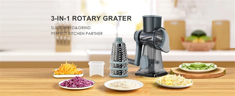 3-in-1 Rotary Cheese Grater – Manual Vegetable Slicer & Grinder Set