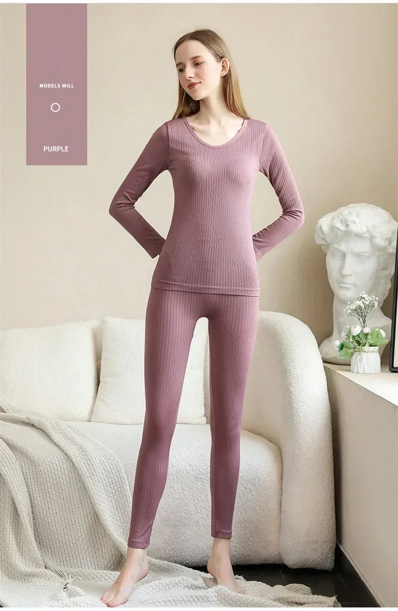 Women's Warm Thermal Underwear Set — Long-Sleeve Base Layer Top & Long Johns