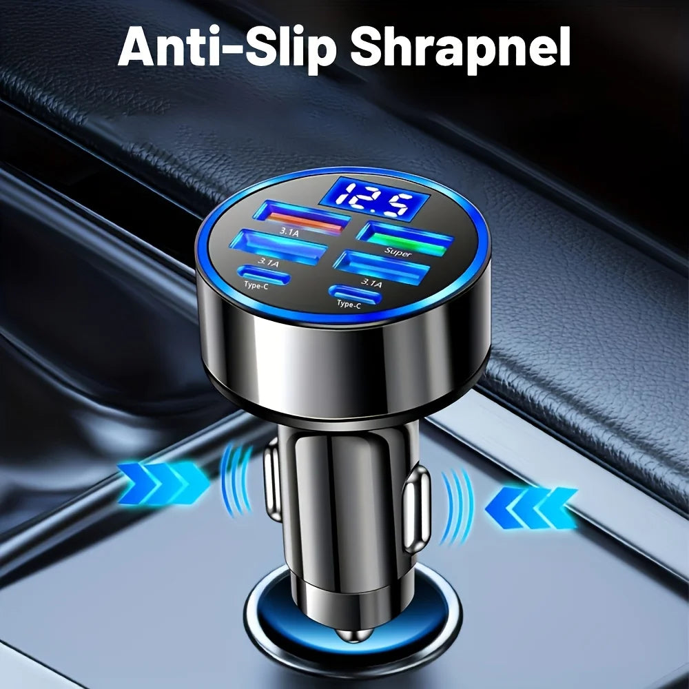 6-in-1 Fast Charging Car Adapter – 3.1A Dual USB-C with Digital Display (Phone, Tablet, Power Bank)