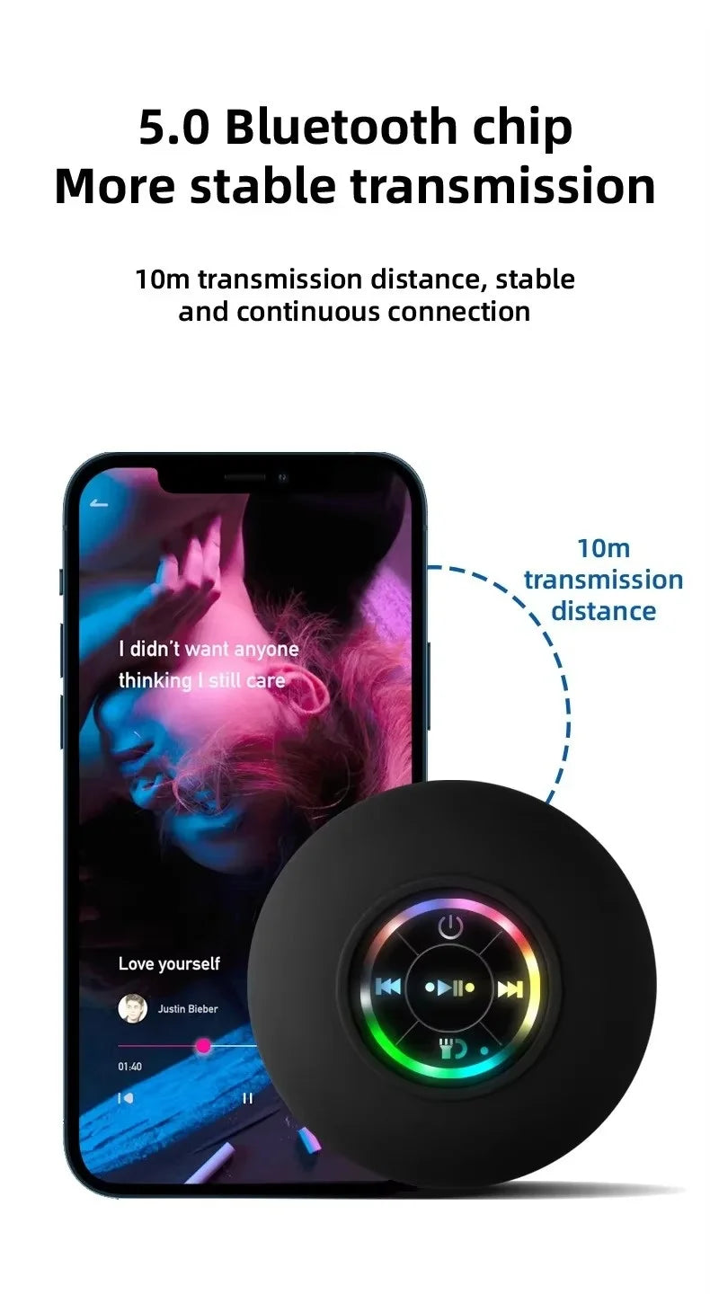 AquaBeat Mini Bluetooth Speaker – IPX4 Waterproof with LED Light & Suction Cup