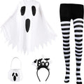 Halloween Adult Ghost Costume 4-Pc Set – White Poncho with Headband, Tights & Candy Bag