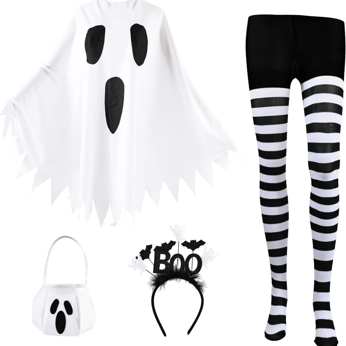 Halloween Adult Ghost Costume 4-Pc Set – White Poncho with Headband, Tights & Candy Bag