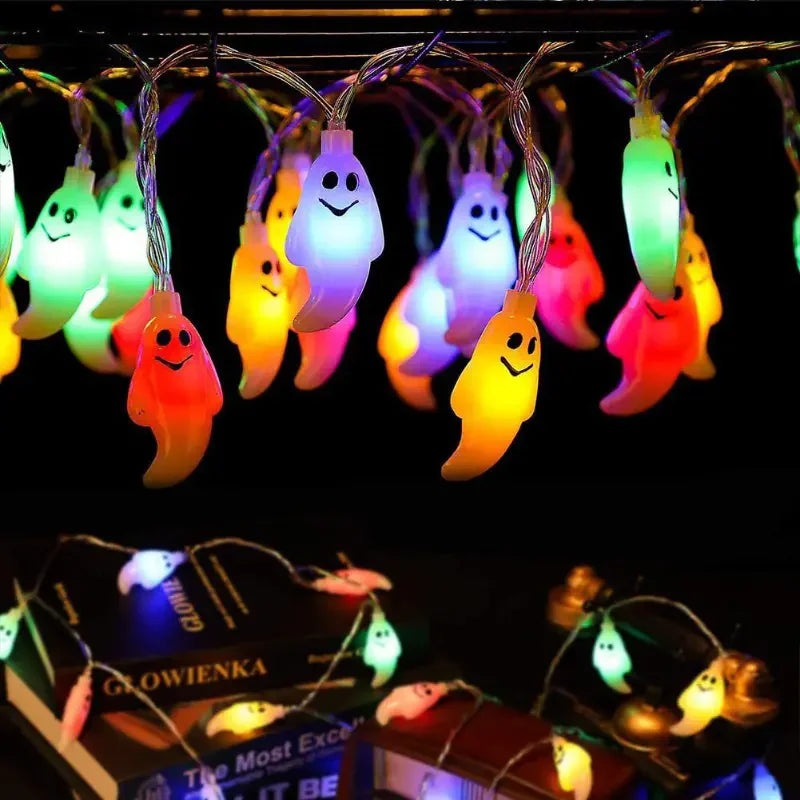 Halloween Ghost String Lights – Battery & USB Powered, Warm White and RGB Colors (10/20/40 LED)