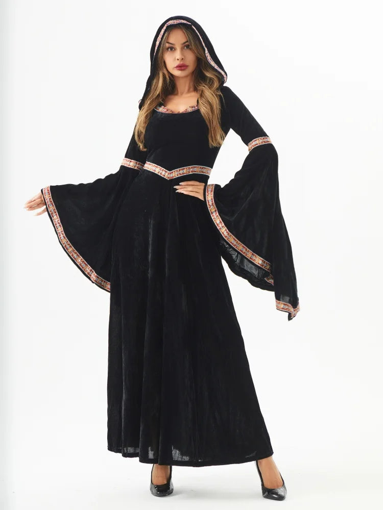 Halloween Gothic Witch Dress – Medieval Retro Hooded Gown with Long Skirt (Red/Black)