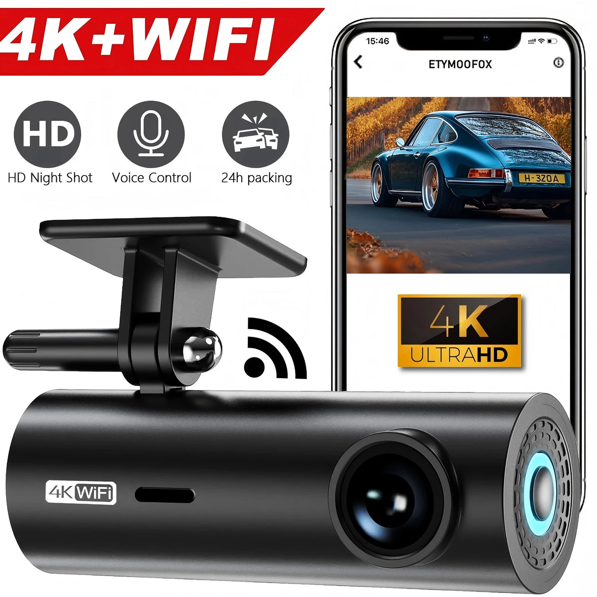 4K/2K WiFi Dash Cam with 24H Parking Monitor – Mini Front Car Camera, 170° Wide Angle