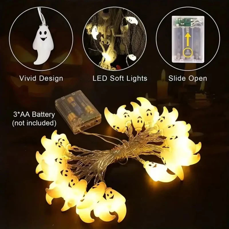 Halloween Smiling Ghost String Lights – Battery-Powered LED Fairy Lights (10 or 20 LED)