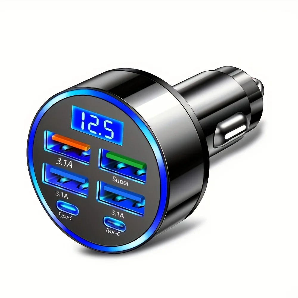 6-in-1 Fast Charging Car Adapter – 3.1A Dual USB-C with Digital Display (Phone, Tablet, Power Bank)