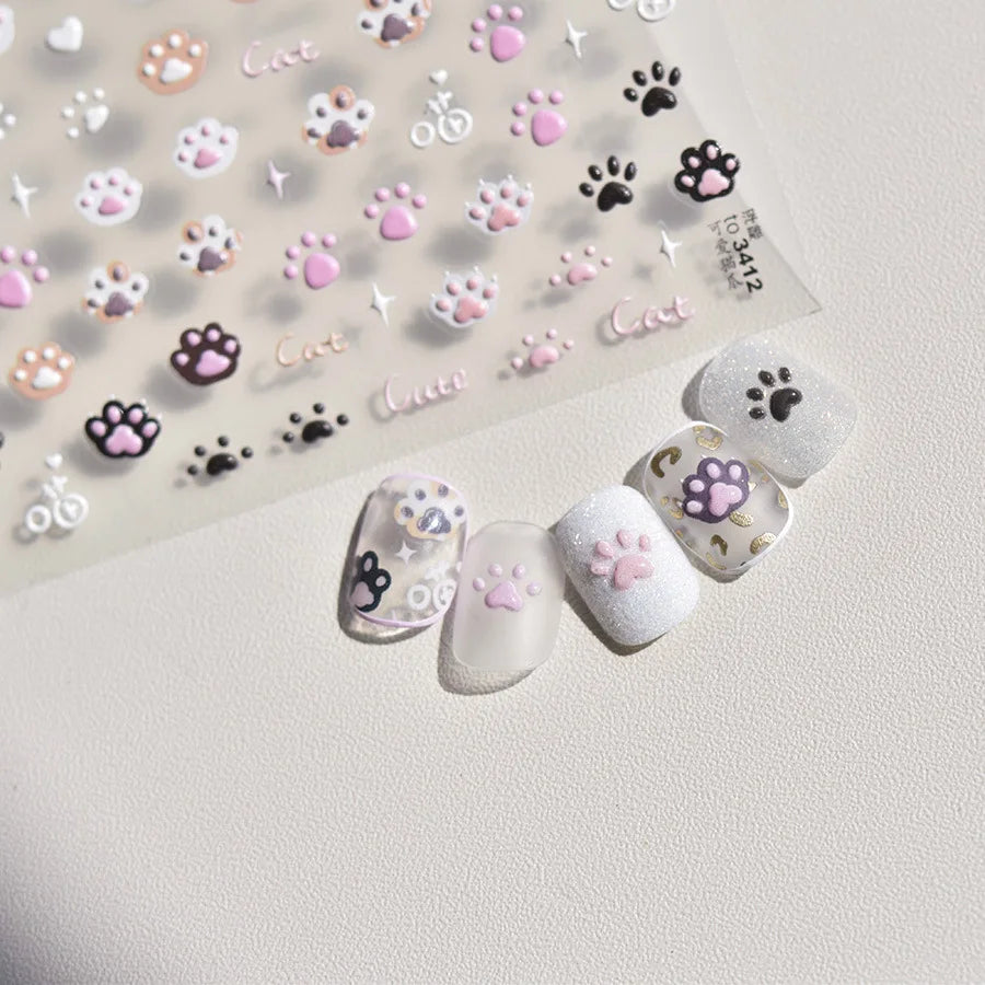 Cat Paw Nail Art Stickers – 3D Embossed Self-Adhesive Decals