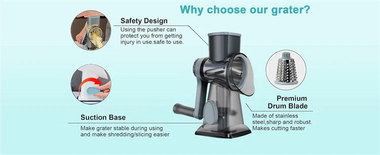 3-in-1 Rotary Cheese Grater – Manual Vegetable Slicer & Grinder Set