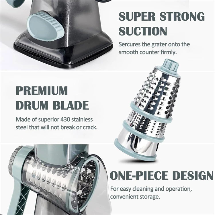 3-in-1 Rotary Cheese Grater – Manual Vegetable Slicer & Grinder Set