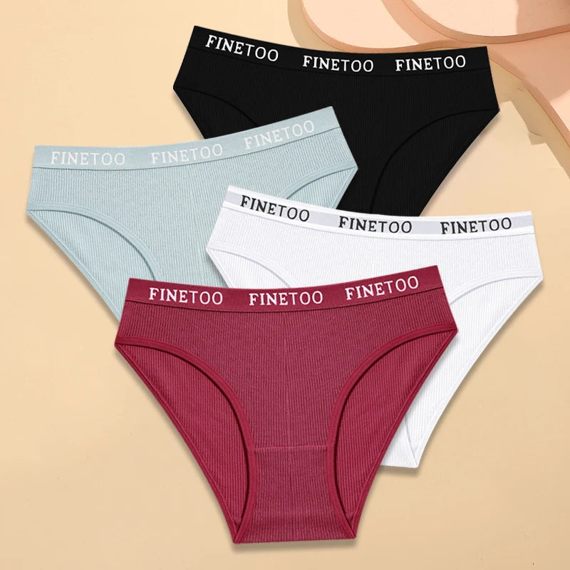 FINETOO Cotton Striped Briefs, 4-Pack — Women's Low-Waist Panties with Letter Waistband