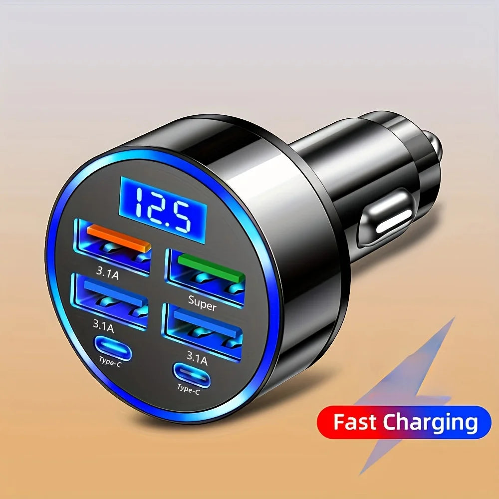 6-in-1 Fast Charging Car Adapter – 3.1A Dual USB-C with Digital Display (Phone, Tablet, Power Bank)