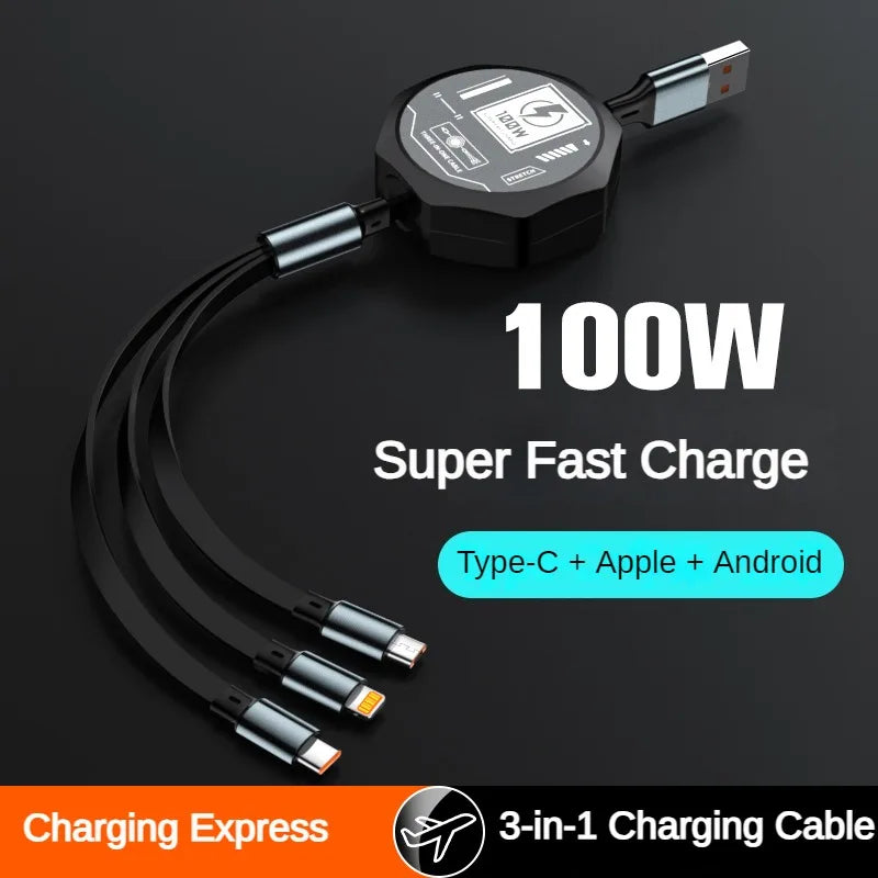 FlexCharge 3-in-1 Retractable Cable – 100W Fast Charge