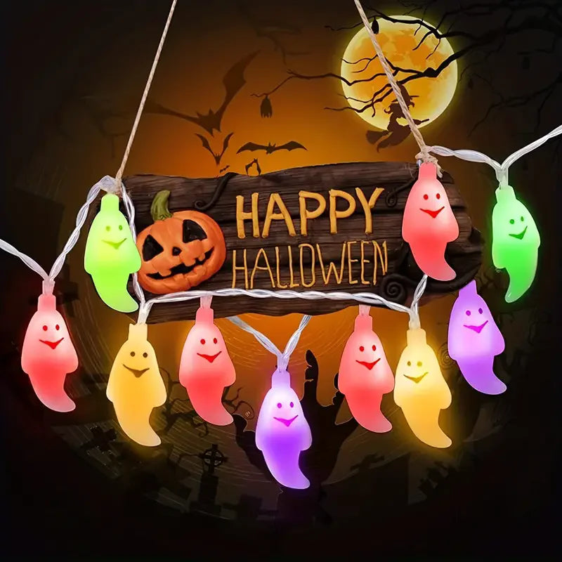 Halloween Ghost String Lights – Battery & USB Powered, Warm White and RGB Colors (10/20/40 LED)