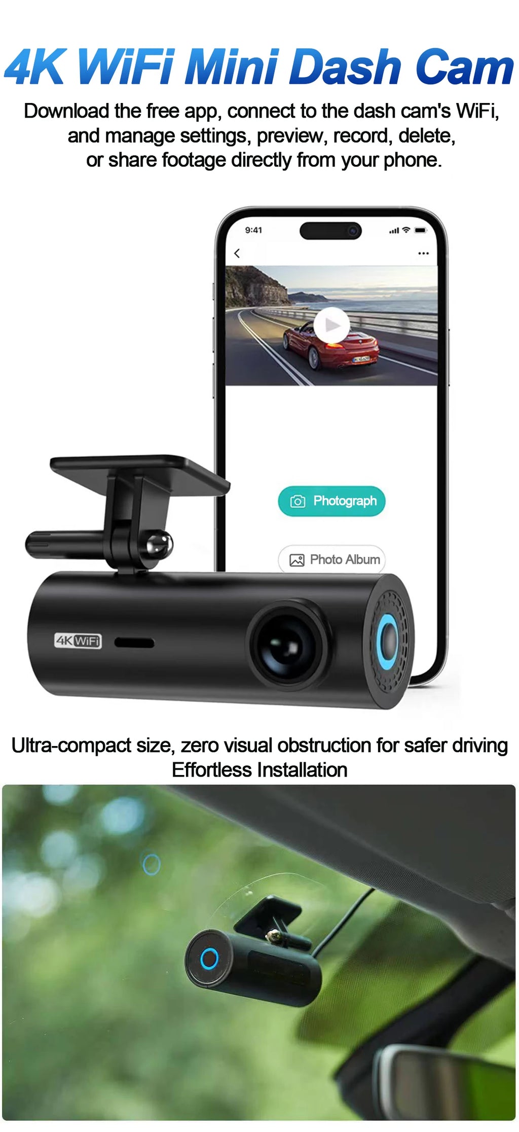 4K/2K WiFi Dash Cam with 24H Parking Monitor – Mini Front Car Camera, 170° Wide Angle