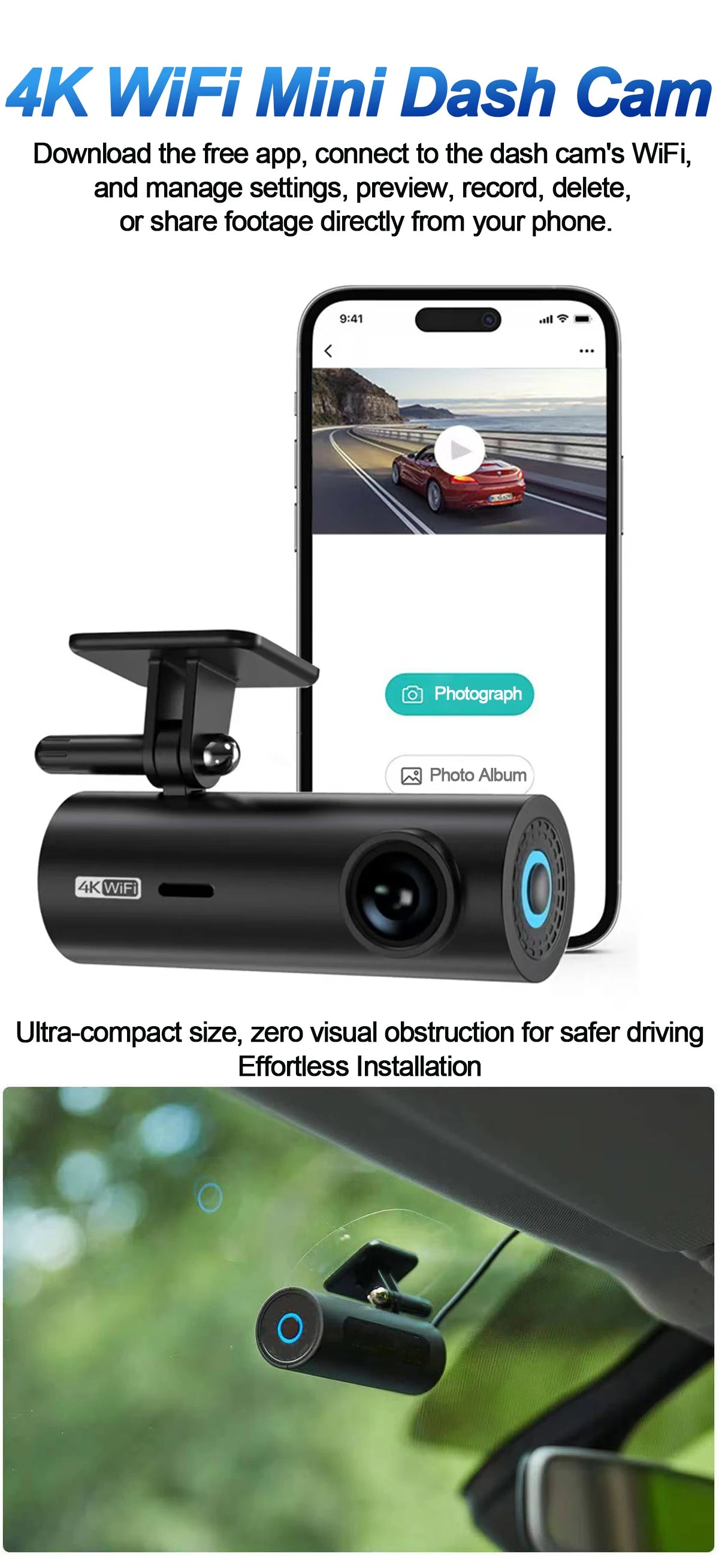 4K/2K WiFi Dash Cam with 24H Parking Monitor – Mini Front Car Camera, 170° Wide Angle
