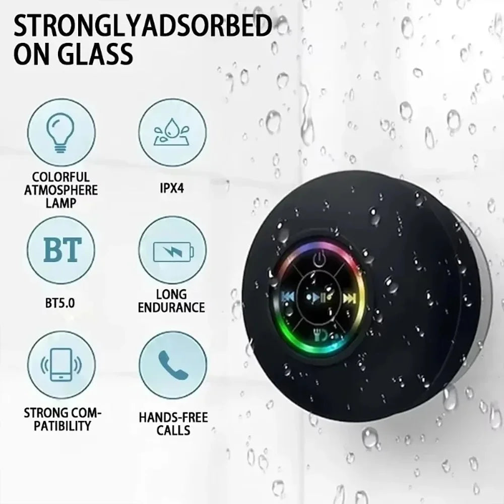 AquaBeat Mini Bluetooth Speaker – IPX4 Waterproof with LED Light & Suction Cup