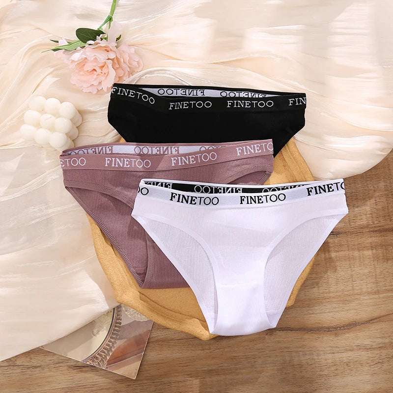 FINETOO Cotton Striped Briefs, 4-Pack — Women's Low-Waist Panties with Letter Waistband