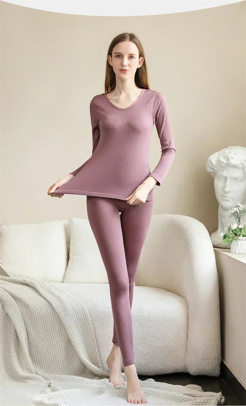 Women's Warm Thermal Underwear Set — Long-Sleeve Base Layer Top & Long Johns