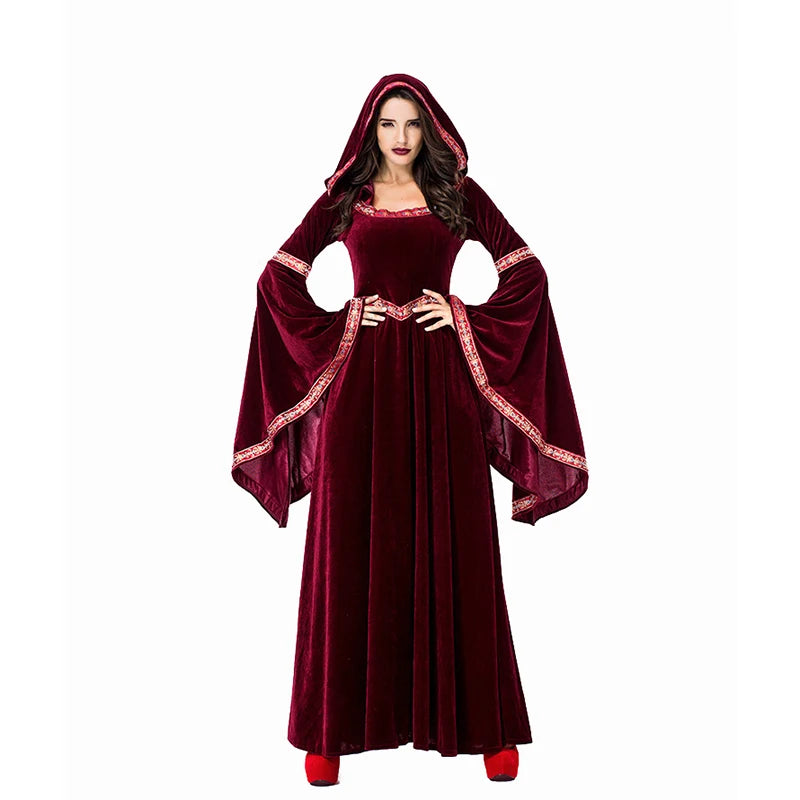 Halloween Gothic Witch Dress – Medieval Retro Hooded Gown with Long Skirt (Red/Black)