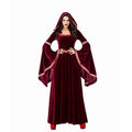 Halloween Gothic Witch Dress – Medieval Retro Hooded Gown with Long Skirt (Red/Black)
