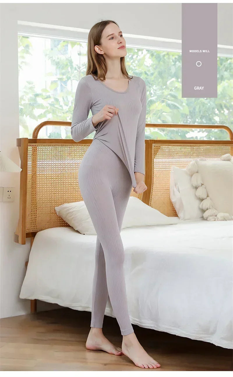 Women's Warm Thermal Underwear Set — Long-Sleeve Base Layer Top & Long Johns