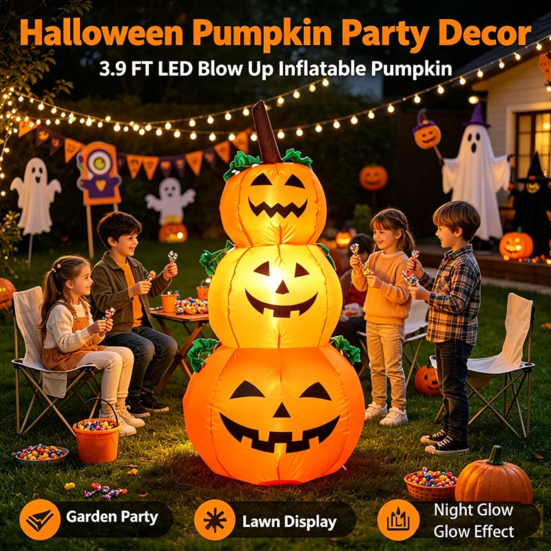 Halloween Inflatable Pumpkin Decoration – 3.9FT LED Lighted Stacked Pumpkins Blow-Up for Yard