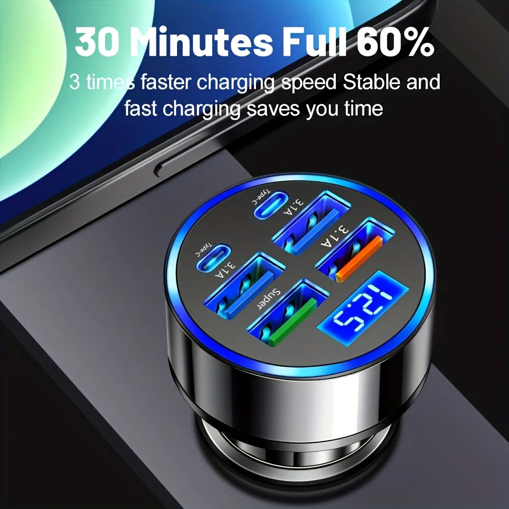 6-in-1 Fast Charging Car Adapter – 3.1A Dual USB-C with Digital Display (Phone, Tablet, Power Bank)