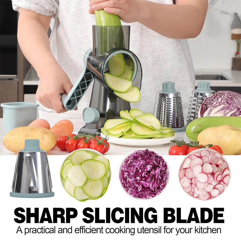 3-in-1 Rotary Cheese Grater – Manual Vegetable Slicer & Grinder Set