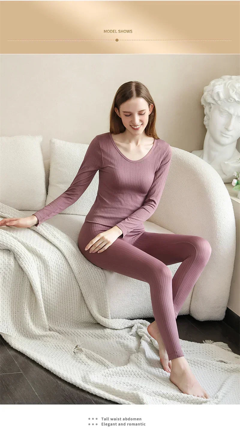 Women's Warm Thermal Underwear Set — Long-Sleeve Base Layer Top & Long Johns