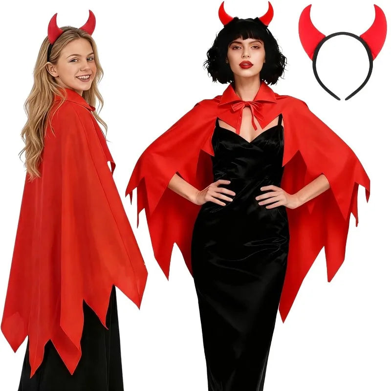 Halloween Devil Costume Set – Red Demon Cape with Horn Headband (2 Pcs)