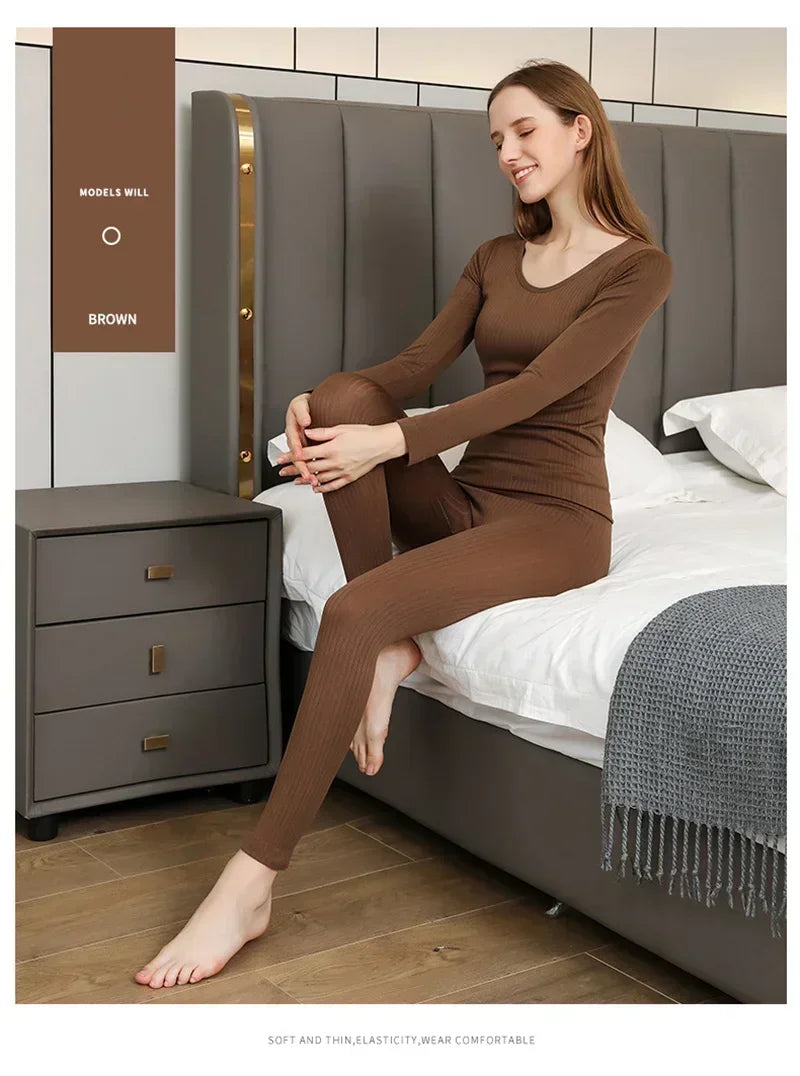Women's Warm Thermal Underwear Set — Long-Sleeve Base Layer Top & Long Johns