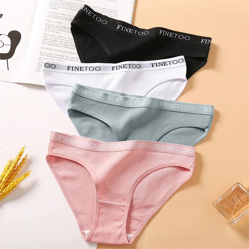 FINETOO Cotton Striped Briefs, 4-Pack — Women's Low-Waist Panties with Letter Waistband