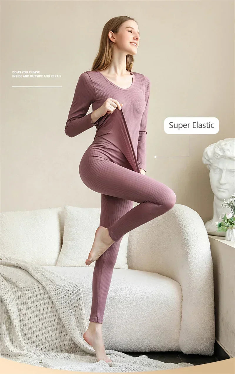 Women's Warm Thermal Underwear Set — Long-Sleeve Base Layer Top & Long Johns