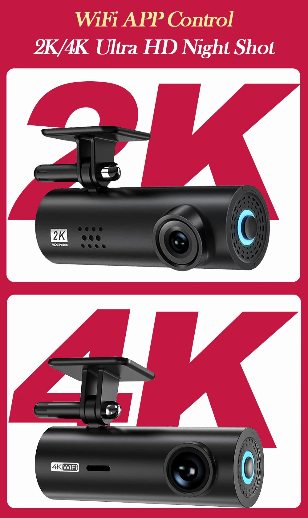 4K/2K WiFi Dash Cam with 24H Parking Monitor – Mini Front Car Camera, 170° Wide Angle