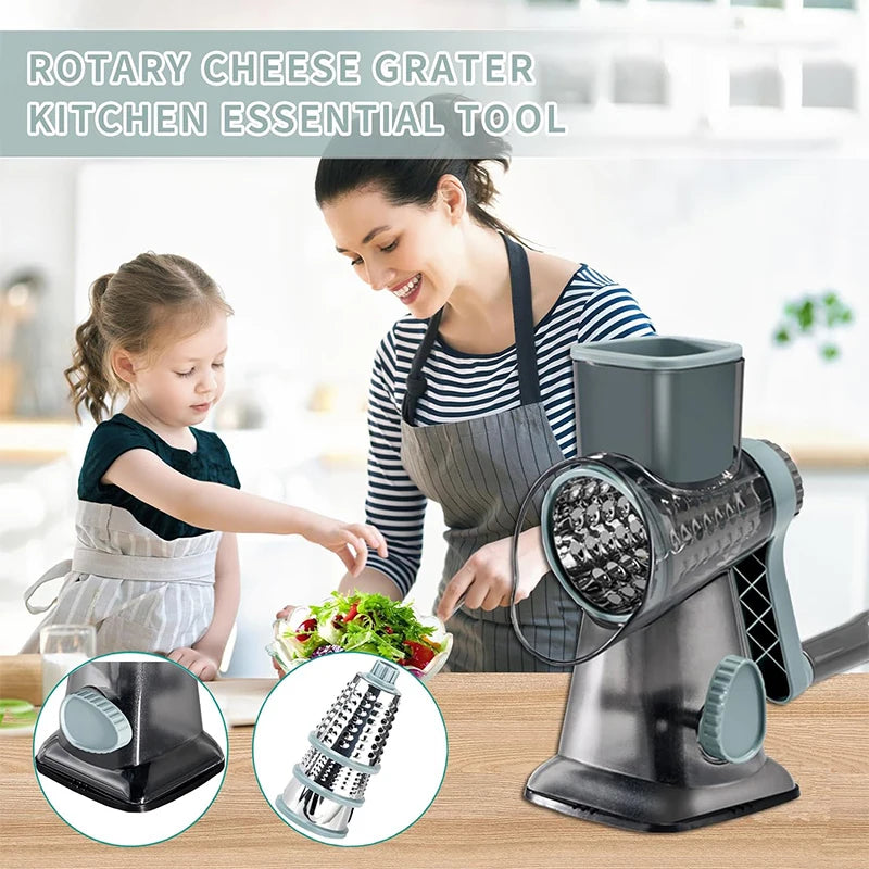 3-in-1 Rotary Cheese Grater – Manual Vegetable Slicer & Grinder Set