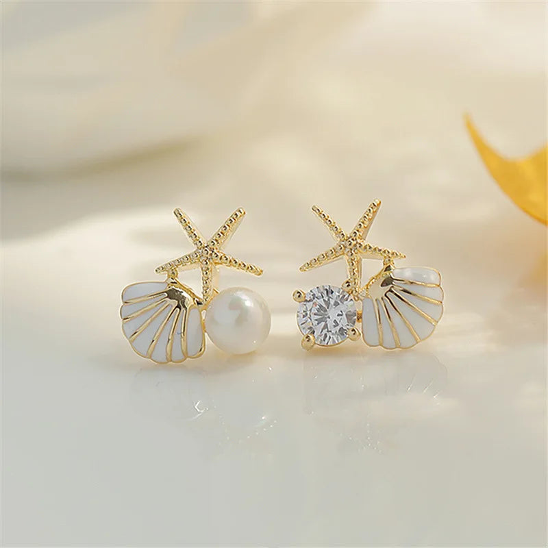 Starfish Shell Pearl Stud Earrings