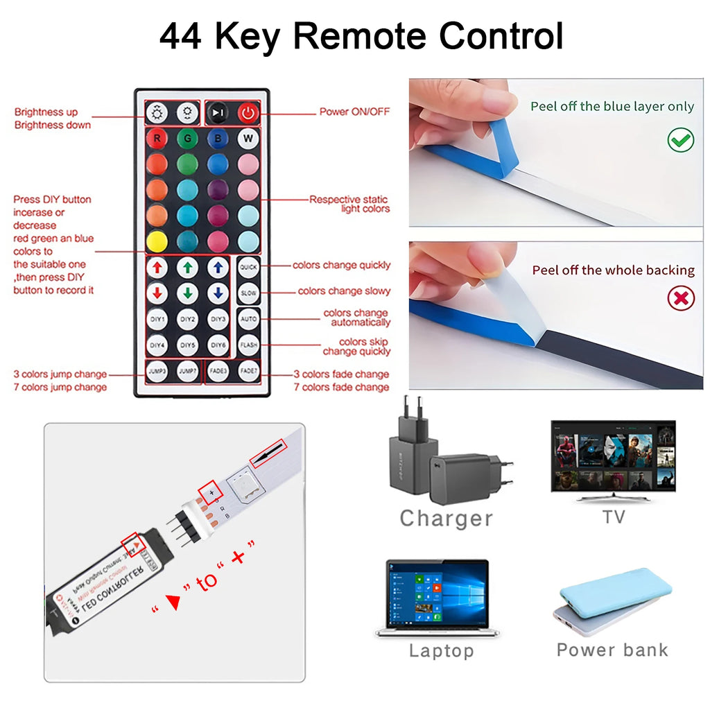 ChromaGlow RGB LED Strip Lights with Remote – 44-Key Color Changing Tape Light