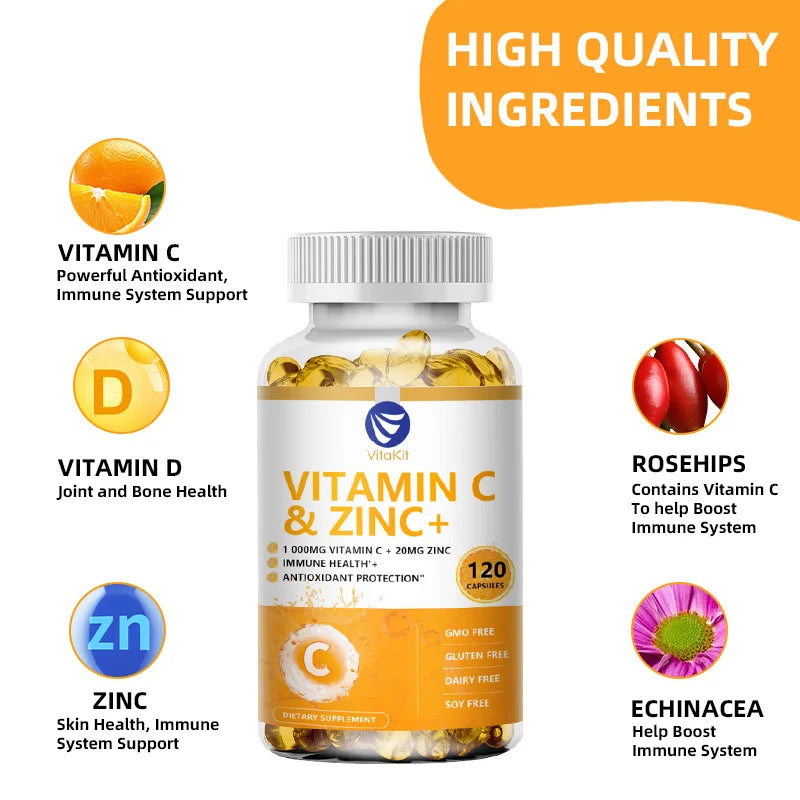 Vitakit Vitamin C 1000mg with Zinc 20mg 120 Capsules Vitamin Dietery Supplement | Non-GMO & Gluten Free Vegan