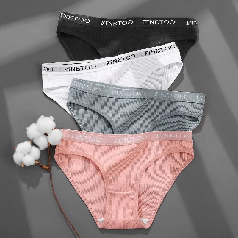 FINETOO Cotton Striped Briefs, 4-Pack — Women's Low-Waist Panties with Letter Waistband