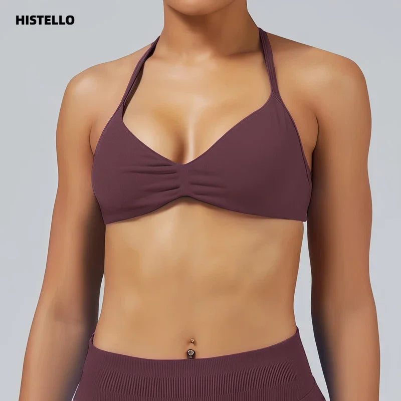 HISTELLO Women's Strappy Sports Bra — High-Support Seamless Gym Bra