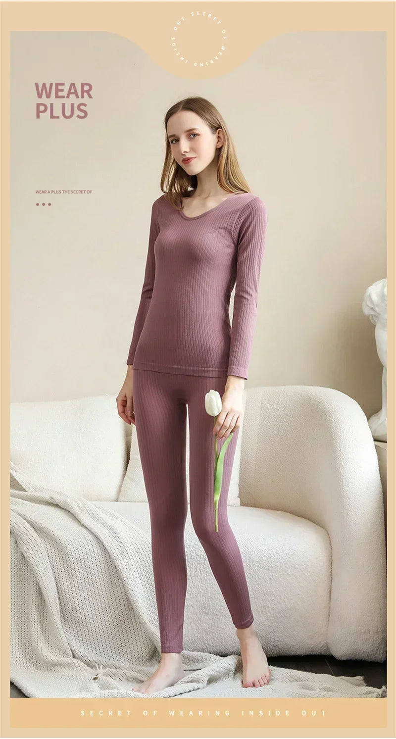 Women's Warm Thermal Underwear Set — Long-Sleeve Base Layer Top & Long Johns