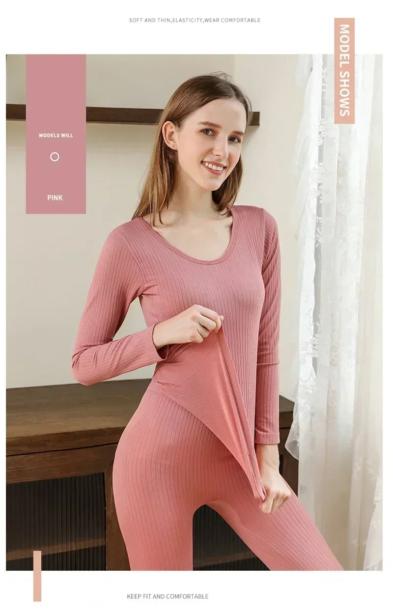Women's Warm Thermal Underwear Set — Long-Sleeve Base Layer Top & Long Johns
