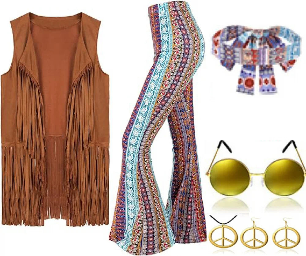 Halloween Hippie Costume Set – 70s Disco Outfit with Fringe Vest, Flared Pants & Accessories (6 Pcs)