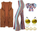 Halloween Hippie Costume Set – 70s Disco Outfit with Fringe Vest, Flared Pants & Accessories (6 Pcs)