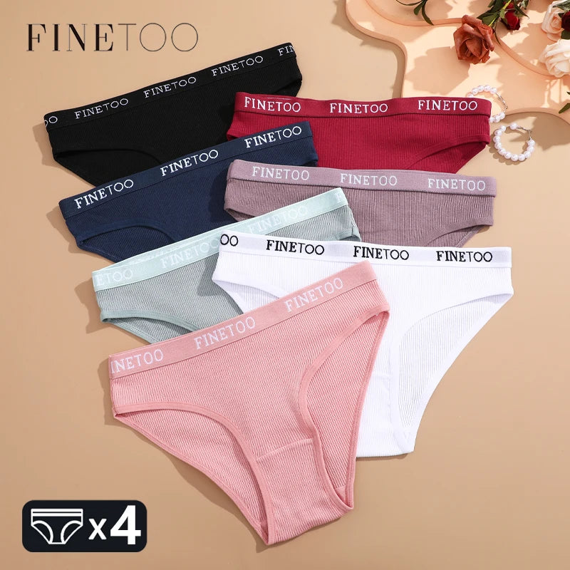 FINETOO Cotton Striped Briefs, 4-Pack — Women's Low-Waist Panties with Letter Waistband