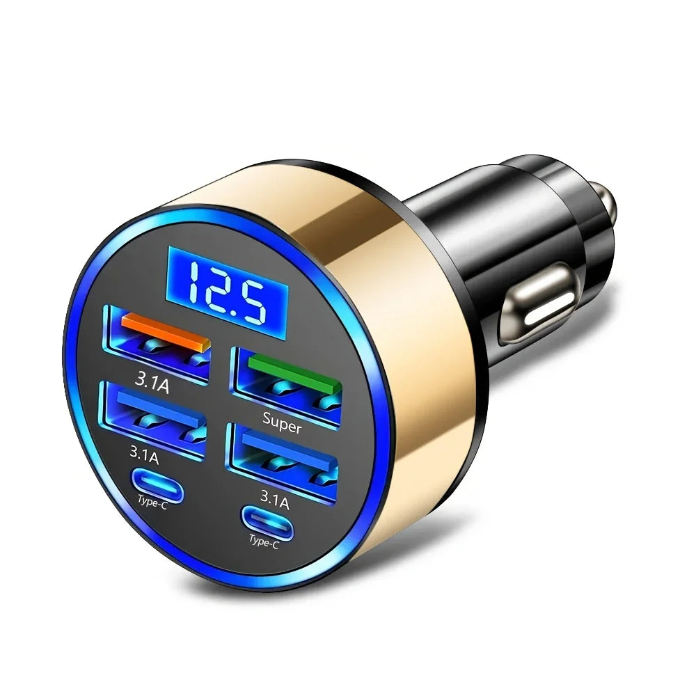 6-in-1 Fast Charging Car Adapter – 3.1A Dual USB-C with Digital Display (Phone, Tablet, Power Bank)