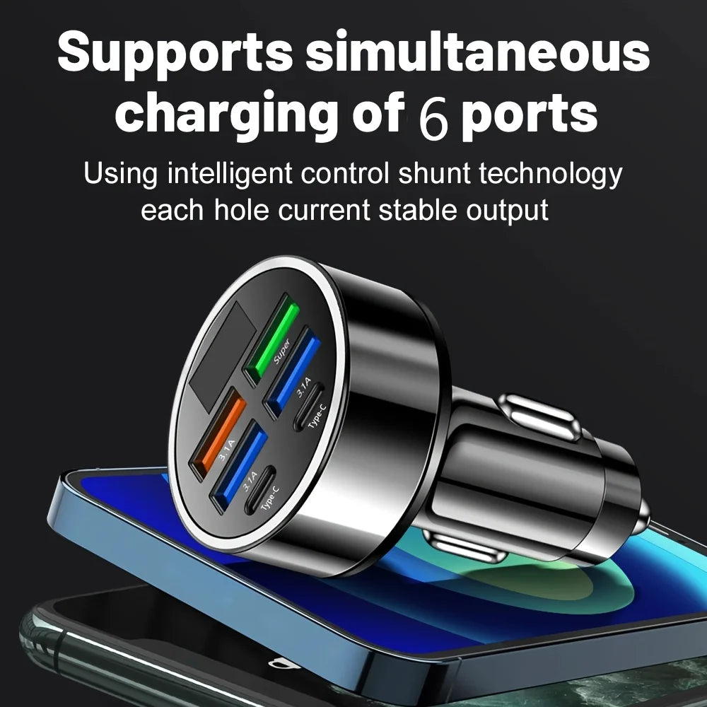 6-in-1 Fast Charging Car Adapter – 3.1A Dual USB-C with Digital Display (Phone, Tablet, Power Bank)